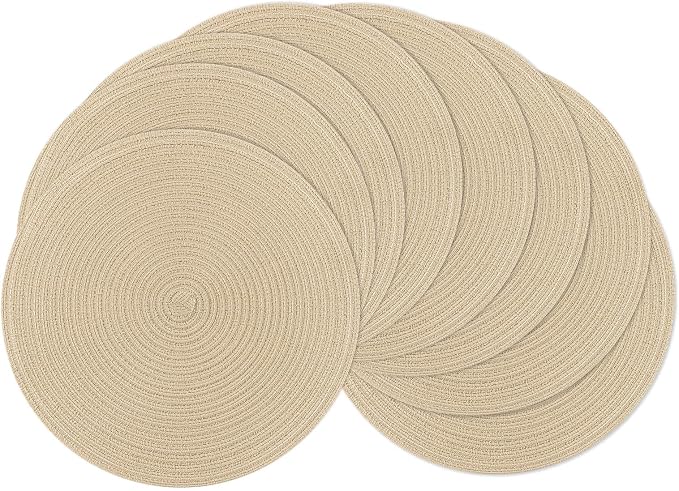 SHACOS 15 inch Round Placemats Set of 8 for Dining Table Cotton Polyester Braided Place Mats Washable Kitchen Table Mats for Dinner Party Table (Light Beige, 8) by SHACOS