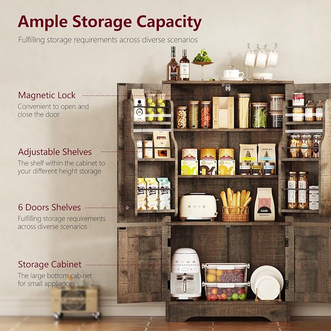 TEENFON Storage Cabinet with 4 Doors, 43.3" H Farmhouse Kitchen Cabinet with 6 Door Shelves, Kitchen Storage Cabinets with Adjustable Shelves, for Living Room, Antique Oak - Image 5