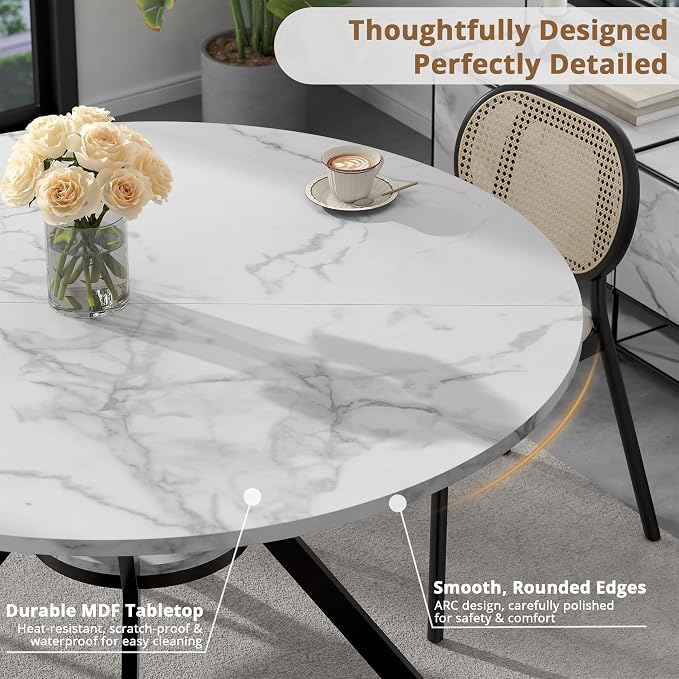 42" Round Dining Table for 2-4, Modern Kitchen Table with Faux Marble Tabletop & Metal Legs, Space Saving Circle Table with Storage, Wood Kitchen & Dining Room Tables for Kitchen Dining Room - Image 5