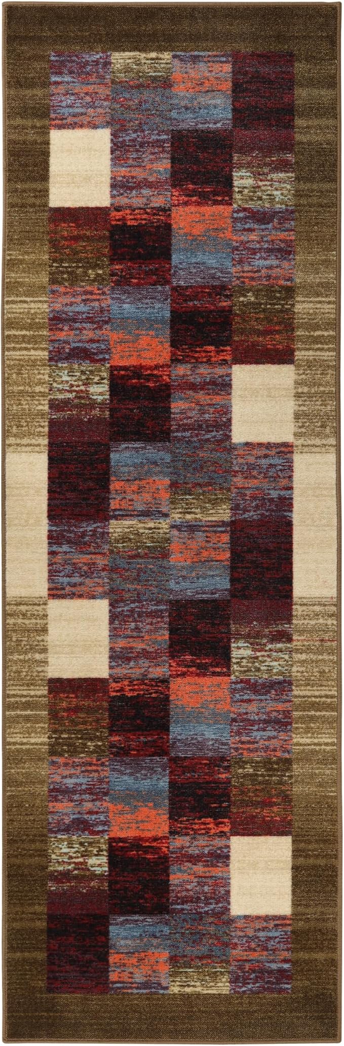 Superior Indoor Non-Slip Runner Rug, Rustic Floor Decor, Color Block Rug for Living Room, Bedroom, Office, Kitchen, Dining, Washable Rugs, Foam Back, Lockwood Collection, 2' 7" x 8', Brown-Burgundy by SUPERIOR