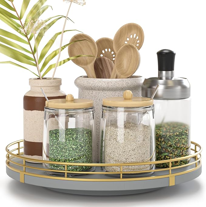 Oroyutor 9-Inch Gray Lazy Susan Spice Organizer for Cabinet with Gold Rail | Rotating oak tray organizes spices, toiletries and decor on kitchen counters, bathroom vanities, dining and coffee tables. by Oroyutor