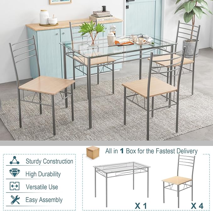 Giantex 5 Piece Dining Table Set, Kitchen Dining Set with Tempered Glass Table Top and 4 Chairs, Dinette Set for 4 for Breakfast Nook Dining Room Kitchen (Transparent) - Image 6