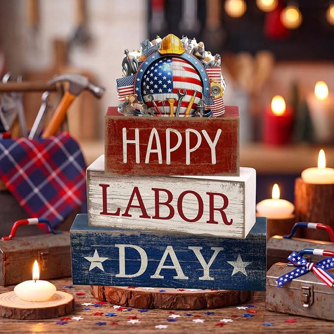 Moucuny 4 Pcs Labor Day Table Decoration Patriotic Worker Wooden Stacked Block Decor with American Flag Topper Happy Labor Day Centerpieces Patriotic Tiered Tray Decor for American Party Home Office - Image 7