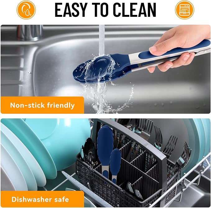 HOTEC Premium 7 & 9 Inch Kitchen Tongs, Stainless Steel Locking Cooking Tongs with Silicone Tips, Non-Scratch & Heat Resistant, Serving Tongs for Salad, BBQ, Classic Blue, Set of 2 - Image 7