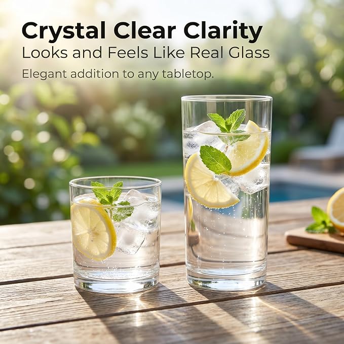Meolibour® Acrylic Drinking Glasses Set of 8, 14oz Rocks & 20oz Water Cups, Unbreakable Plastic Drinkware, Clear Kitchen Tumblers for Home Outdoors, Reusable, BPA-Free, Top-Rack Dishwasher Safe - Image 2