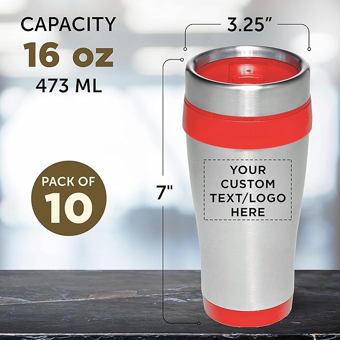 Custom Insulated Stainless Steel Travel Mugs 16 oz. Set of 10, Personalized Bulk Pack - Perfect for Coffee, Soda, Other Hot & Cold Beverages - Red