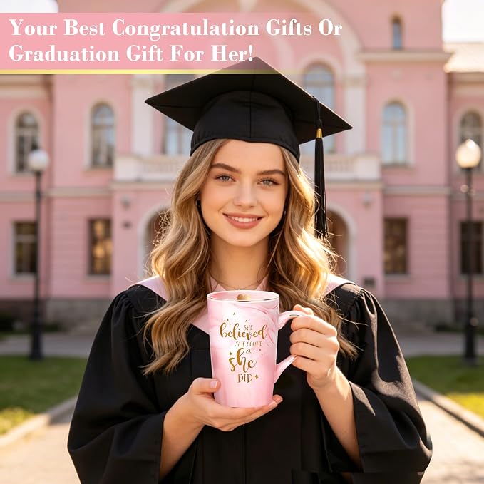 Graduation Gifts for Women, She Believed She Could So She Did Inspirational Coffee Mug, Motivational Congratulations Christmas Birthday Gifts for Women, 14 oz Pink Marble Ceramic Mug, Gift Box - Image 7