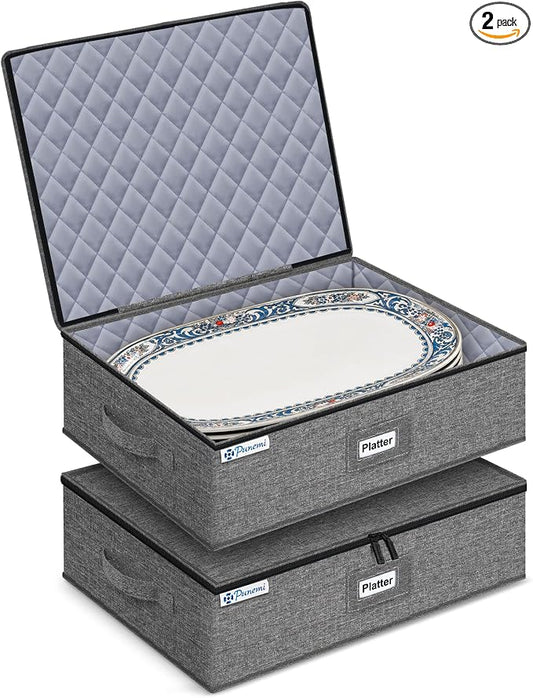 punemi Hard Shell China Platter Storage Containers for Moving, 2 Pack, Grey | Stackable Padded Cases with Felt Dividers, 17 x 13 x 6 in, for Serving Platters, Oval Plates, Trays and Holiday Dishes by Punemi