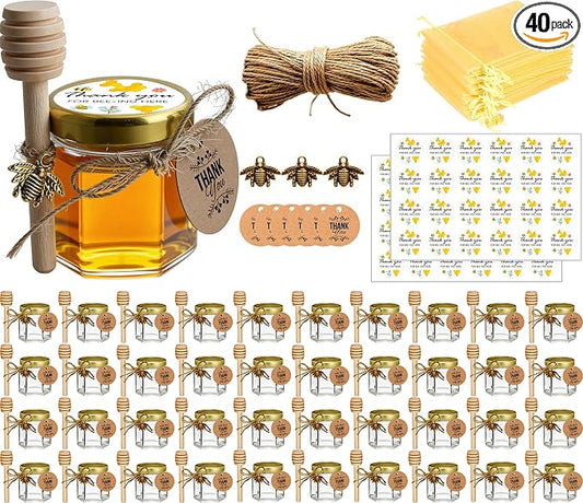 Adabocute Honey Pot, Glass Honey Jars, Small Honey Jars with Wooden Dippers, Bee Charms, Gold Gift Bags and Jutes Lids, Mini Honey Jars Baby Shower Favors, 1.5oz 40 Pack by Adabocute