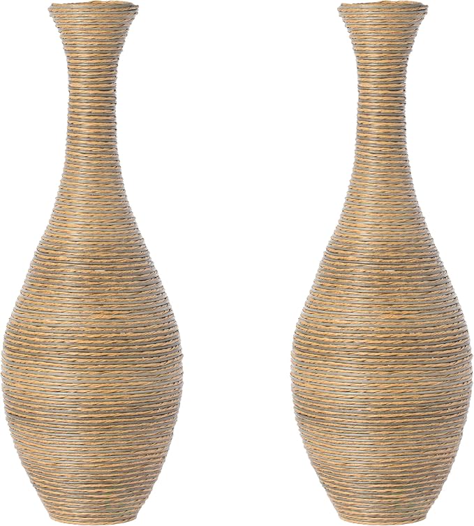 Set of 2 38-inch Tall Artificial Rattan Floor Vase in Elegant Beige - Statement Piece for Living Room Decor, Entryway, or Hallway - Versatile Home Accen by Uniquewise