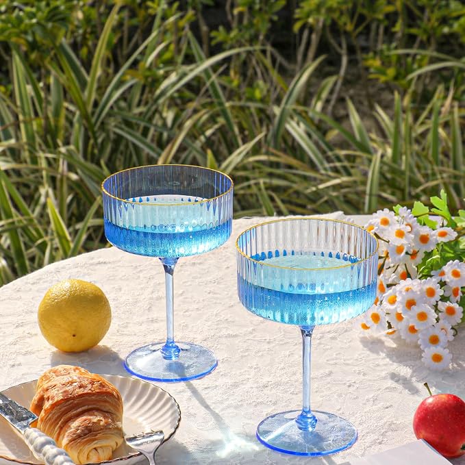 12 PCS Plastic Champagne Coupe Cup Ocean Blue Ribbed Coupe Glasses 10oz Detachable Gold Rim Espresso Martini Glass Vintage Margarita Glassware Cocktail Glass Set for Baby Shower Hanukkah - Image 2