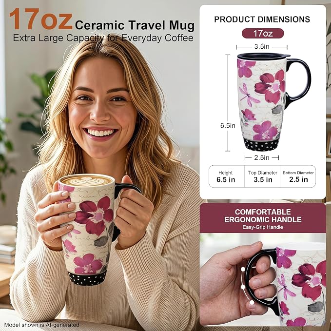 Topadorn 17oz Ceramic Travel Mug with Lid, Pink Floral Coffee Mug for Women | Coffee Mug with Handle, Pink Watercolor Floral Design, Spill-Resistant Lid, Microwave & Dishwasher Safe, Gift Box Included - Image 2