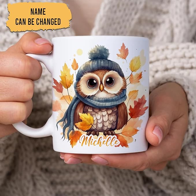 Hyturtle Personalized Fall Owl Maple Leaves Coffee Mug Gifts on Birthday | Gifts For Owl Lovers - Fall Autumn Decor Gifts For Farmhouse Thanksgiving - Custom Name 11oz White Ceramic Coffee Tea Mug - Image 2