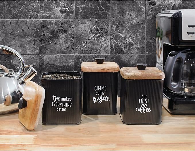AuldHome Design Farmhouse Black Enamelware Canisters (Set of 3); Storage Containers for Coffee, Tea and Sugar in Black Enamel and Wood Design - Image 3