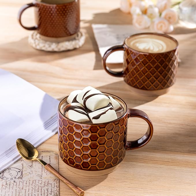 GBhome 15 OZ Stackable Coffee Mugs Set of 4, Ceramic Coffee Cups Set | 4 Assorted Designs, Embossed Mugs with Texture Patterns for Tea/Coffee, Dishwasher&Microwave Safe, Caramel - Image 4