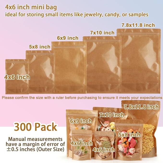 300 Pack Kraft Paper Bags with Clear Window 4x6 Reclosable Small Stand Up Mylar Bags for Food Storage Resealable Smell Proof Pouch, Edible Packaging, Reusable bags for Small Business - Image 5