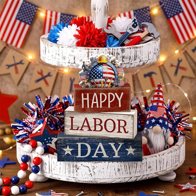 Moucuny 4 Pcs Labor Day Table Decoration Patriotic Worker Wooden Stacked Block Decor with American Flag Topper Happy Labor Day Centerpieces Patriotic Tiered Tray Decor for American Party Home Office - Image 6