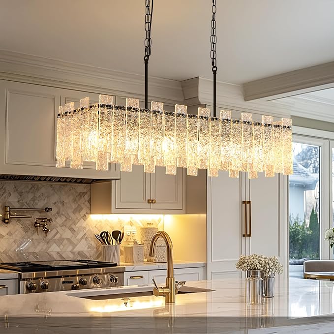 Modern Rectangle Black Crystal Chandeliers for Dining Room, L39" Large Rectangular Water Ripple Glass Island Light Fixture, 6-Lights Hanging Pendant Light for Kitchen Island, Living Room - Image 7