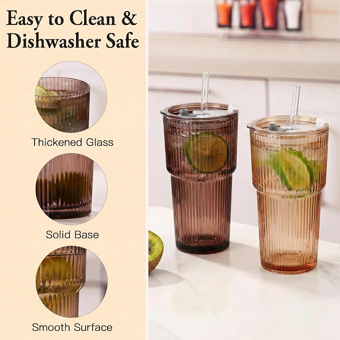 6PCS Venus Ribbed Glass Cups with Lids and Straws, 20oz Brown Vintage Drinking Glasses, Aesthetic Iced Coffee Cups, Glass Tumbler for Boba, Beer, Tea, Cocktails, Brown Ribbed Glassware Set (Venus-6) - Image 5