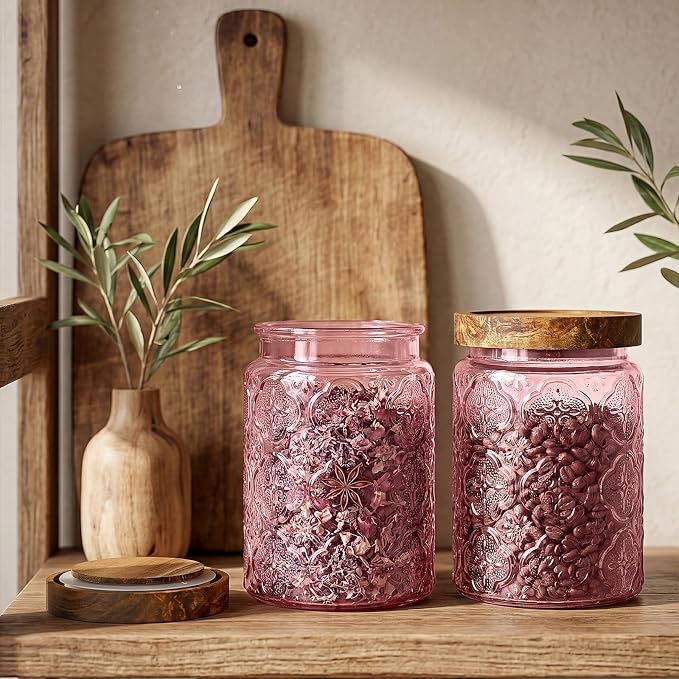 LemonRoad 4 Pcs Vintage Pink Glass Storage Jars 23.7 oz Mason Jar Canister with Wood Lids Food Storage Container for Cookie, Pantry, Candy Kitchen, Coffee, Tea, Flour, Sugar, Decorative Home Decor - Image 5