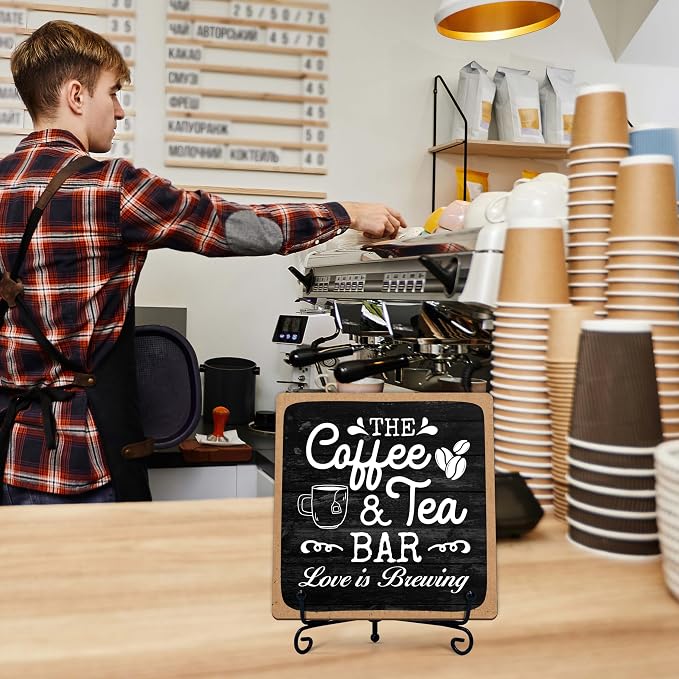 Coffee Bar Sign, Love is Brewing Farmhouse Tabletop Decor, Coffee and Tea Lover Gifts, 5x5 Wood Plaque with Iron Stand for Home Kitchen Cafe, Coffee Bar Decor – L04 - Image 6