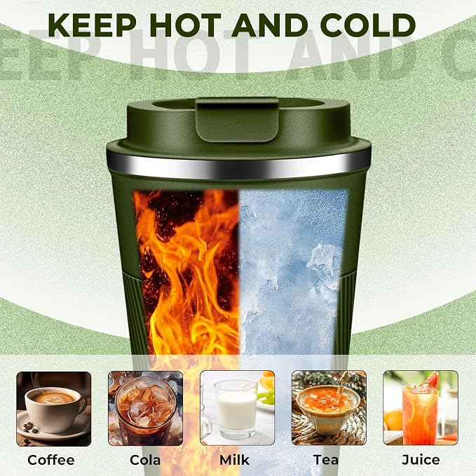 Insulated Coffee Tumbler 12 oz, Stainless Steel Coffee Mug with Lids, Travel Coffee Mug Leak Proof, Double Wall Vacuum Insulated Reusable Coffee Cup, Keep Drinks Hot and Cold, Military Green, 12 Ounce - Image 5