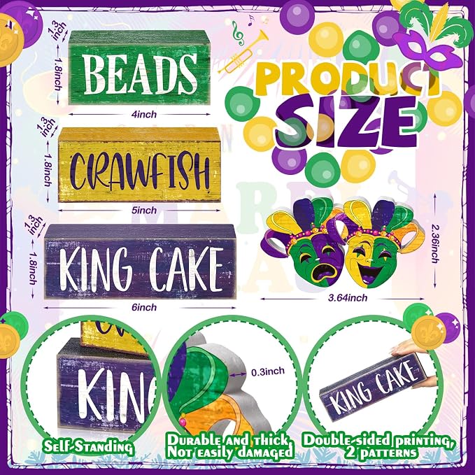 Moucuny 4 Pcs Mardi Gras Table Decorations Wooden Mask Decor Purple Golden Green Carnival Tiered Tray Decor Mardi Gras Centerpieces Decorative Masks Block Signs Gift for Masquerade Party Home Kitchen - Image 3