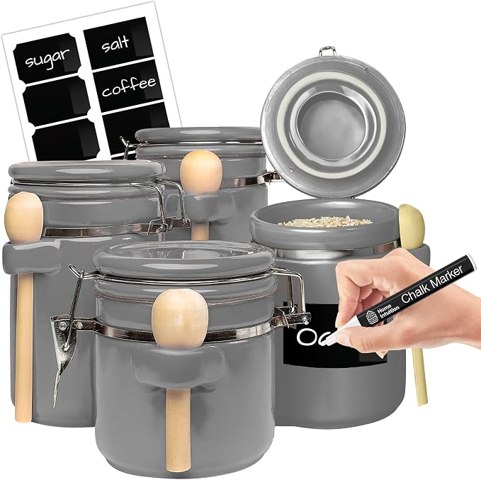 Home Intuition 4-Piece Ceramic Kitchen Canisters Set, Airtight Containers with Wooden Spoons Reusable Chalk Labels and Marker for Sugar, Coffee, Flour, Tea (Grey) by HomeIntuition