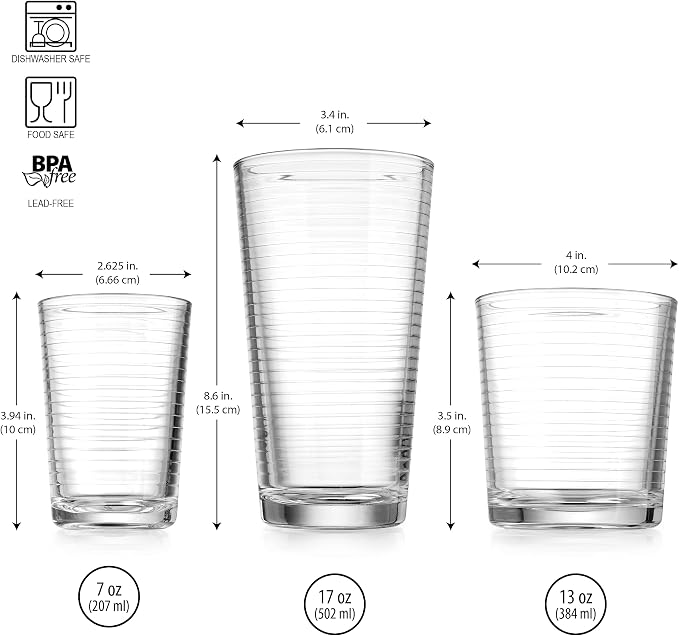 Glaver's Drinking Glasses 24 Piece Glass Set, 8-7 Oz. Highball Glasses, 8-13 Oz. Whiskey Rocks, And 8 7 Oz Juice Glasses. Ideal for Water, Juice, Cocktails, and Iced Tea. Dishwasher safe - Image 3
