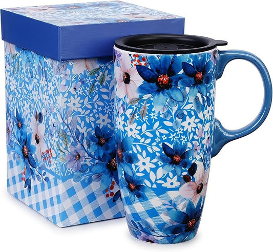 Topadorn 17oz Ceramic Travel Mug with Lid, Blue Floral Coffee Mug with Handle, Large Ceramic Travel Cup, Microwave & Dishwasher Safe, Gift Box Included by Topadorn