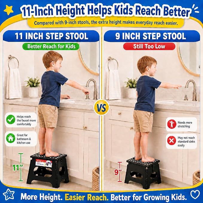 ACSTEP 11 Inch Folding Step Stool for Kids, Non-Slip Foldable Stools, Black | Heavy Duty Collapsible Foot Stool, Lightweight with Built-in Handle, Holds 300 lb for Adults Kitchen Bathroom Bedroom Outdoor - Image 3