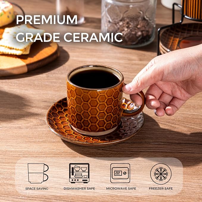 GBhome 6 OZ Stackable Coffee Mugs Set of 4, Ceramic Espresso Coffee Cups | Coffe Cups With Saucer and Stand, Dishwasher&Microwave Safe, 4 Assorted Designs - Image 3