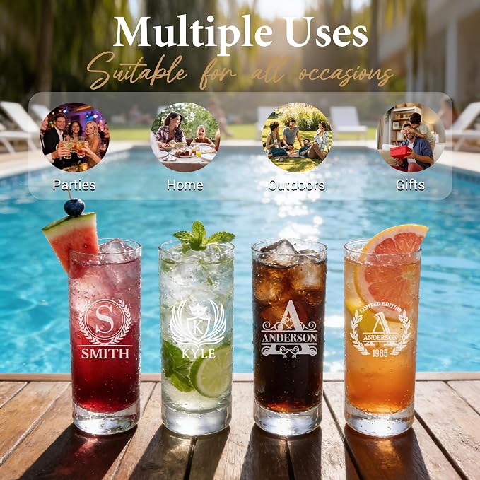 Personalized Highball Glass, Custom Engraved Monogrammed Tall Cocktail Cup | 14oz Collins Glass & Bar Glassware for Birthday & Housewarming, Dishwasher Safe Drinking Glass for Mojito, Iced Tea - Image 3