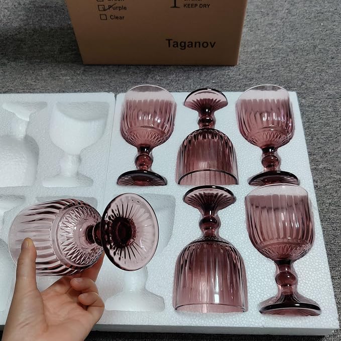 Taganov Purple Glasses Drinking set of 6 Colored Wine Water Stemware Pink Goblets Glassware 11 oz for Wedding Party Bar Vertical Embossed Pattern Stemmed Cups 330 ml - Image 7