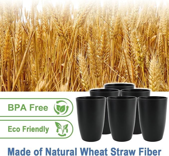 20 OZ Wheat Straw Cups SetS of 6, Unbreakable Drinking Cup, Alternative to Plastic Cups Reusable, Microwave & Dishwasher Safe Big Cup, Large Drinking Glasses for Kitchen, Party (Black) - Image 2