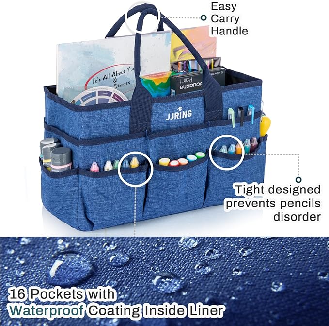JJRING Craft Tote Bag Organizer for Art Storage, Art Tote Organization with Multiple Pockets, Art Sewing Supply Bag for Scrapbooking, Medical, and Office Supplies Storage (Blue)