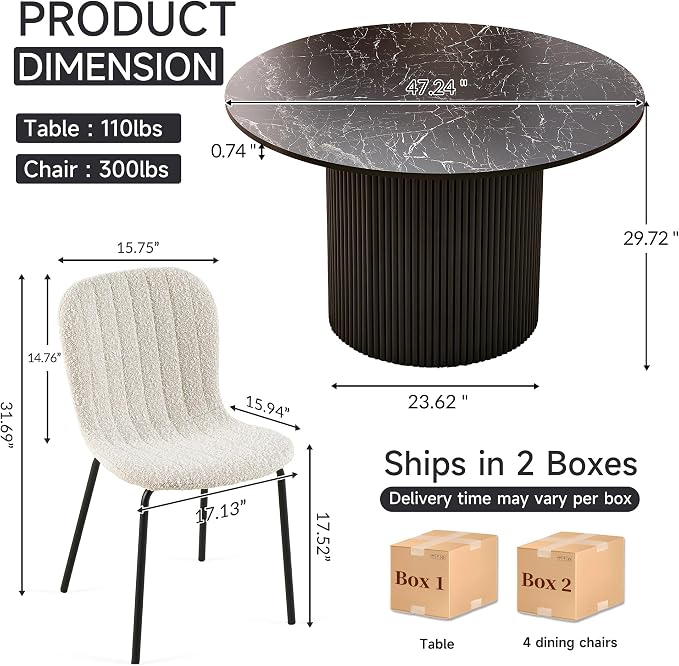 5 Piece Round Dining Table Set for 4, Mid Century Modern Faux Marble Kitchen Table and Chairs, Space-Saving Small Dinette Set (47 Inch Black Table+4 White Chairs) - Image 2