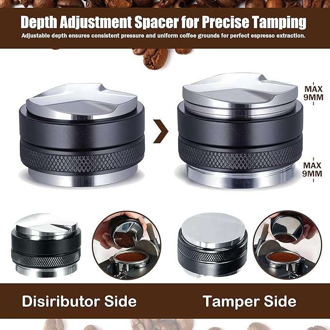 58mm Espresso Distributor and Tamper – Dual Head Coffee Leveler with Adjustable Depth, Professional Stainless Steel Tamper Tool