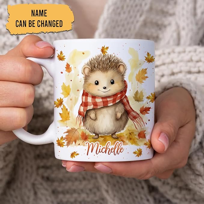 Hyturtle Personalized Fall Hedgehog Maple Leaves Mug, Fall Autumn Décor | Birthday Gifts For Hedgehog Lovers - Gift Ideas For Farmhouse Thanksgiving - Custom Name 11oz White Ceramic Coffee Tea Mug - Image 2