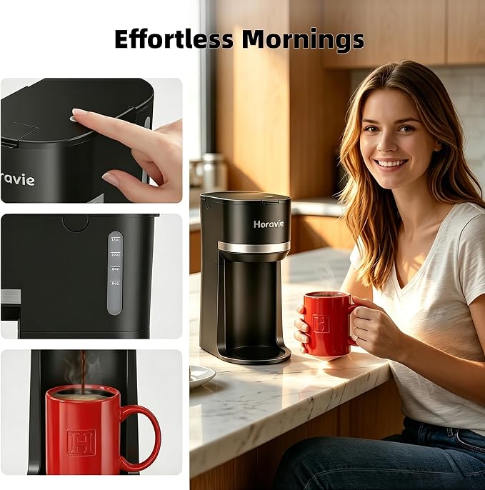 Horavie Small Single Serve Coffee Maker for K Cup and Grounds, Fast Brew One Cup Coffee Machine with One Button, 6 to 12 oz. Brew Sizes, Perfect for Home and Travel, Black - Image 7