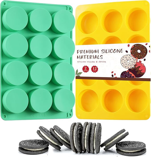 2PCS Molds Silicone, HIA Round 12-Cavity Chocolate Cookie Candy Silicone Mold, Baking Molds for Oreo, Chocolate, Cookie, Candy, Mini Cake, Jelly (Yellow+ Green)