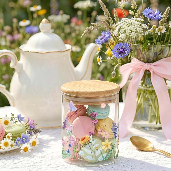 Spring Floral Glass Storage Jars with Lids, Candy Cookie Jars, 3Pcs | Wildflower Spring Canister Set for Kitchen Counter Butterfly Airtight Candy Cookie Containers for Girls - Image 2