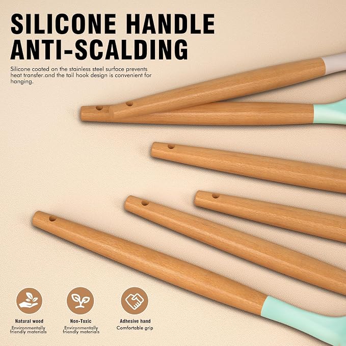 Silicone Cooking Utensils Set - AVGPD Silicone Kitchen Utensils for Cooking Wooden Handles, 446°F Heat Resistant Kitchen Utensil Spatula Sets, Gadgets for Non-Stick Cookware BPA FREE (Multicolour) - Image 3