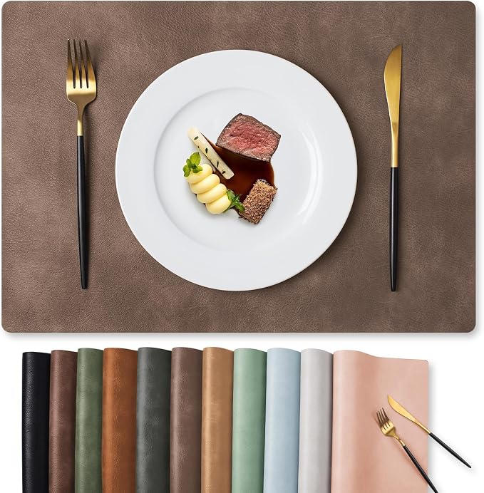 MOSAYT Vinyl Placemats Set of 6-12 X 17 Inch - Faux Leather 100% Waterproof Oil-Proof Wipeable PU Place Mats, Heat Resistant Reversible Table Mats for Kitchen, Dining, Outdoor, Brown by MOSAYT