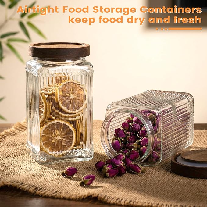 6 Pcs Vintage Glass Storage Jar with Lid 34 oz Glass Containers Stylish Ribbed Pattern Airtight Kitchen Jars Candy Jar for Food Cookies Candy Coffee Tea Beans Grains Storage - Image 4