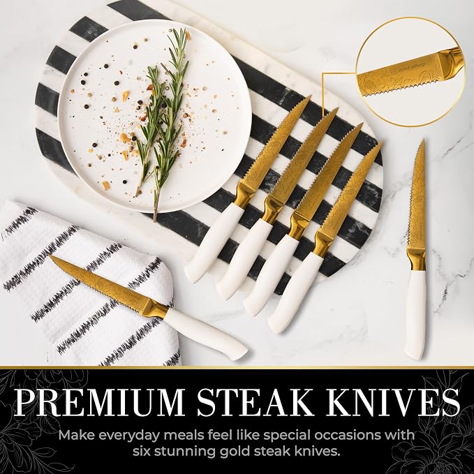 Styled Settings White and Gold Knife Set with Elegant Floral Pattern, 14-PC | Golden Titanium-Coated Stainless Steel Gold Knives with Block, Ultra-Sharp, Durable Kitchen Knife Block Set - Image 5
