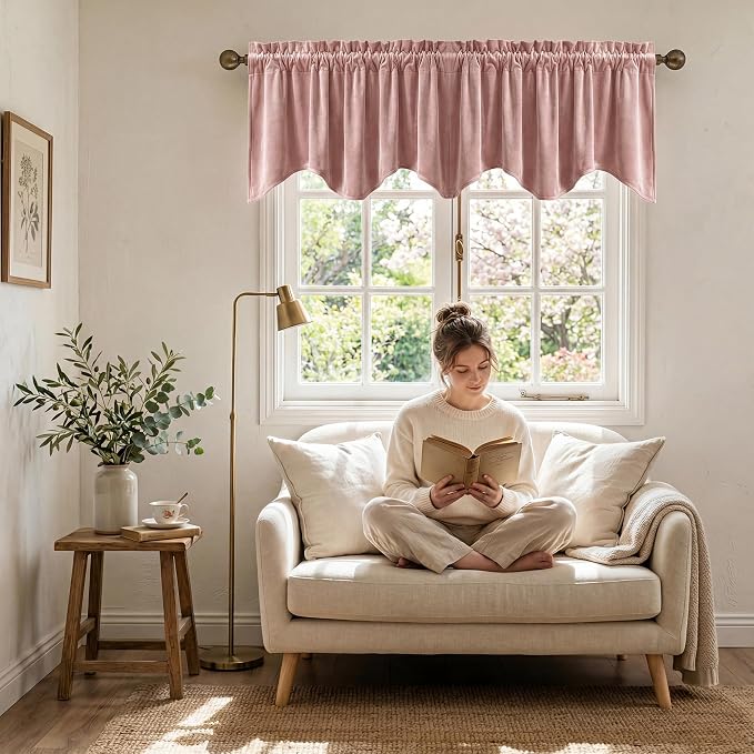 Velvet Window Valance 52x18 Inch 4-Panel Set | Soft Wavy Dusty Rose Kitchen Curtains for Windows, Luxury Fabric Aesthetic Window Treatment for Bay Window, Living Room - Image 3