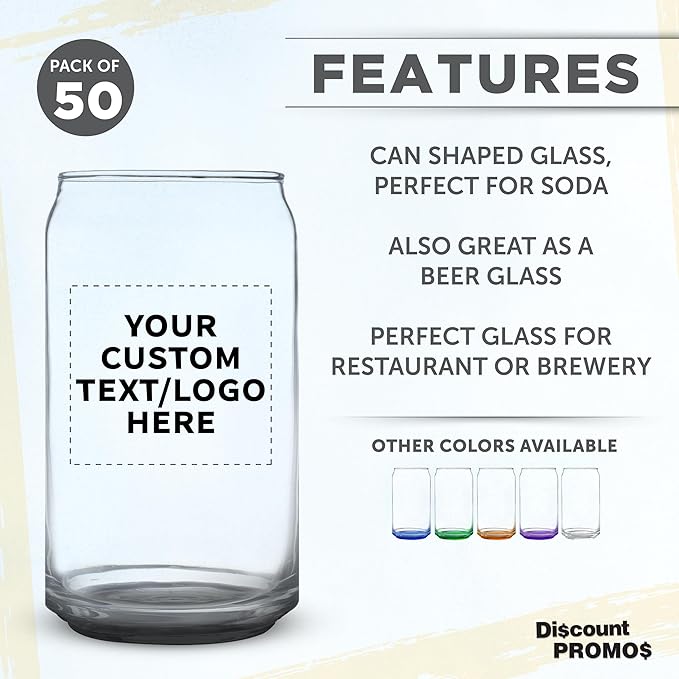 Custom Beer Can Glasses Set of 50, 16 oz. Pint Sized, Promotional Text, Logo, Soda Can Shape, Glassware, Black