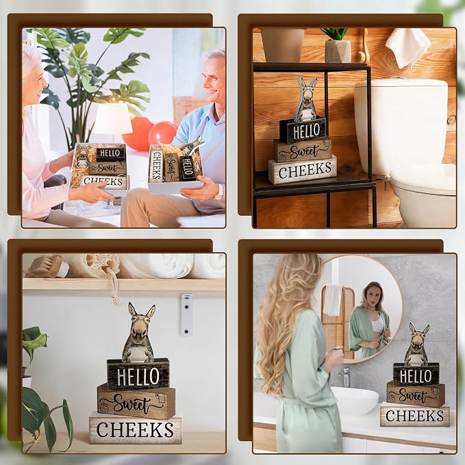 Moucuny 4 Pcs Donkey Bathroom Decor Set Farmhouse Bathroom Decor and Accessories Rustic Hello Sweet Cheeks Wooden Blocks Signs Funny Donkey Toilet Shelf Decoration for Home Office Half Bath - Image 6