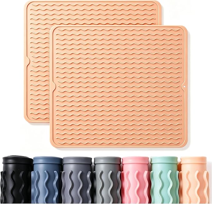 CAKETIME 2 Pack Silicone Dish Drying Mat for Kitchen Counter Waterproof Place mats Sink Protector Stove Top Organizer Cooking Appliance Trays Dryer Rack Drainers Items Extra Large 18"x16" Beige by CAKETIME